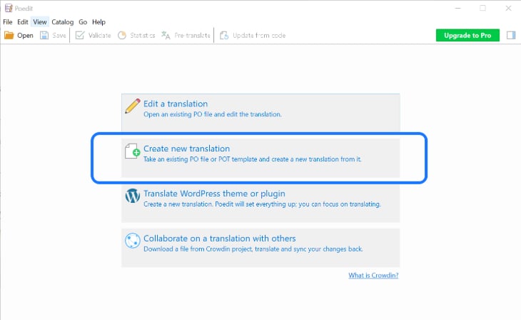 Highlighting the Create new translation option of the Poedit application