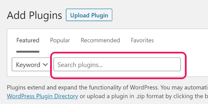 Highlighting the text box to enter Plugin’s keyword in WordPress