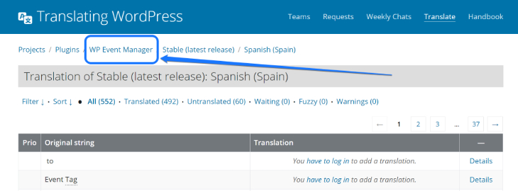 Pointing at WP Event Manager option in the Translating WordPress page