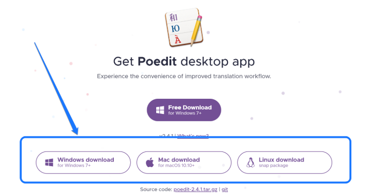 Pointing at the Download buttons of Poedit app for Desktop, Mac, and Linux