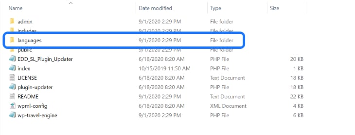 Pointing at the Languages sub-folder inside the WP Travel Engine’s folder
