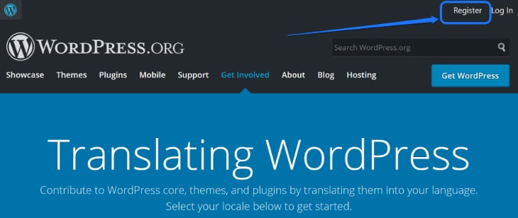 Pointing at the Register button in the Translating WordPress page