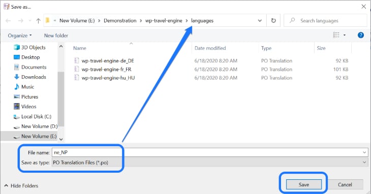 Saving the translation file of WP Travel Engine at its Languages folder