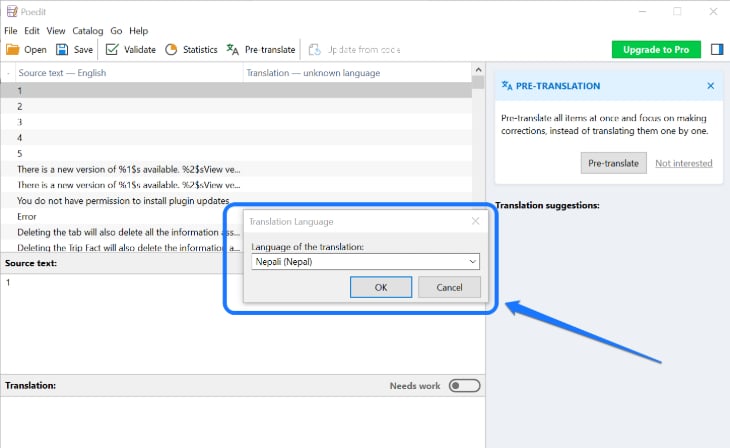 Selecting the Nepali (Nepal) language for translating source text in Poedit app