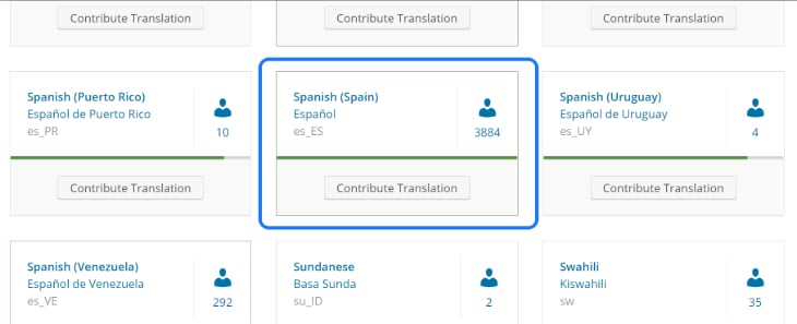 Selecting the Spanish (Spain) language from the Translating WordPress page