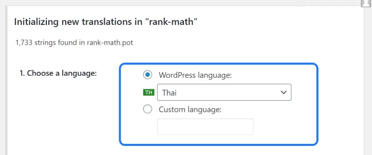 Selecting the Thai language for translation of RankMath WordPress plugin