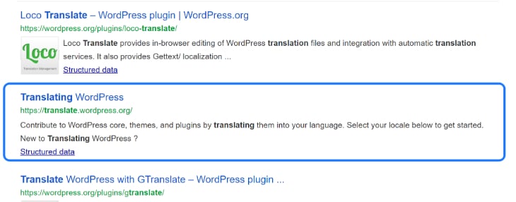 Selecting the Translating WordPress webpage from WordPress.org search results