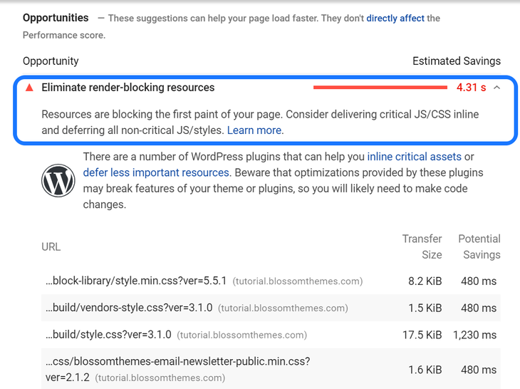 Highlighting the Eliminate Render-Blocking Resources warning presented by Google PageSpeed