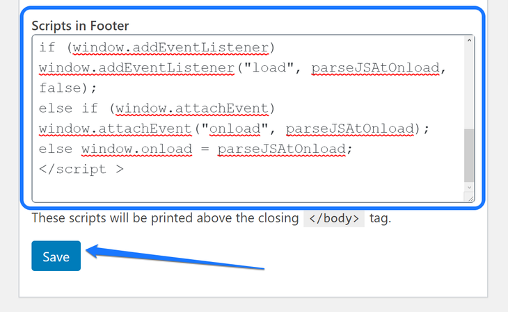 Inserting the code snippet in the Footer section of Insert Header and Footer plugin’s section in WordPress