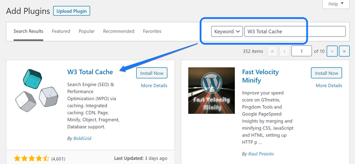 Installing and activating the W3 Total Cache WordPress plugin