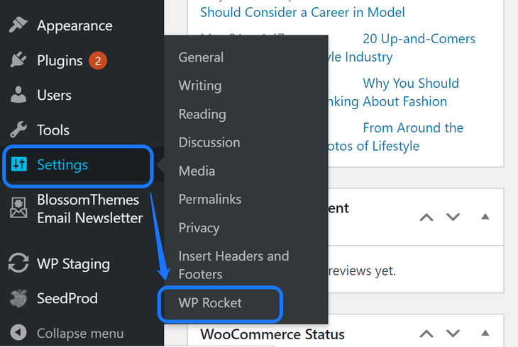 Pointing at the WP Rocket button inside the drop-down menu of Settings option in WordPress sidebar