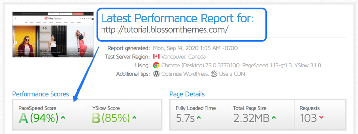 Pointing at the website’s performance score generated by GT Metrix