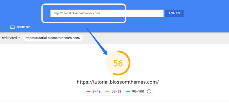 Pointing at the website’s performance score generated by Google PageSpeed Insight