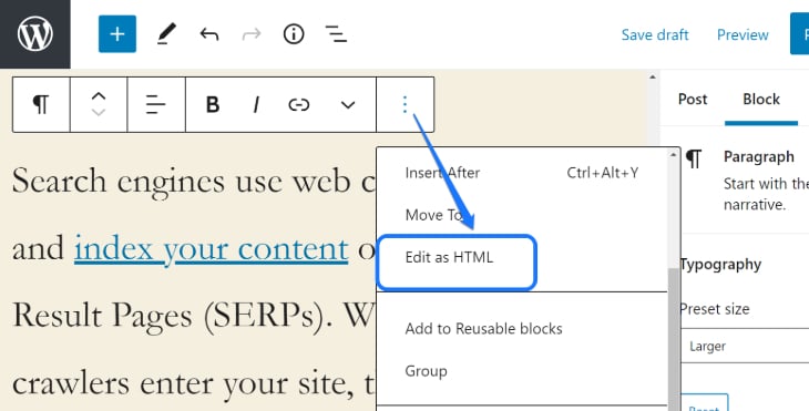 Displaying Edit as HTML button for editing hyperlink in WordPress