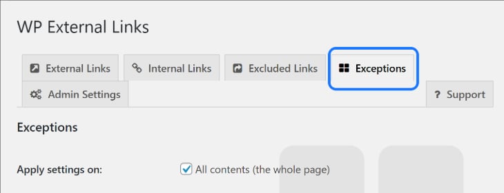 Selecting the Exceptions option in WP External Links’ setting