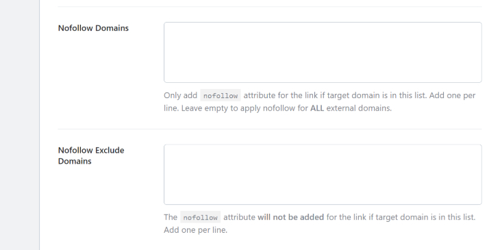 Text boxes in RankMath’s General Settings page for nofollow tag